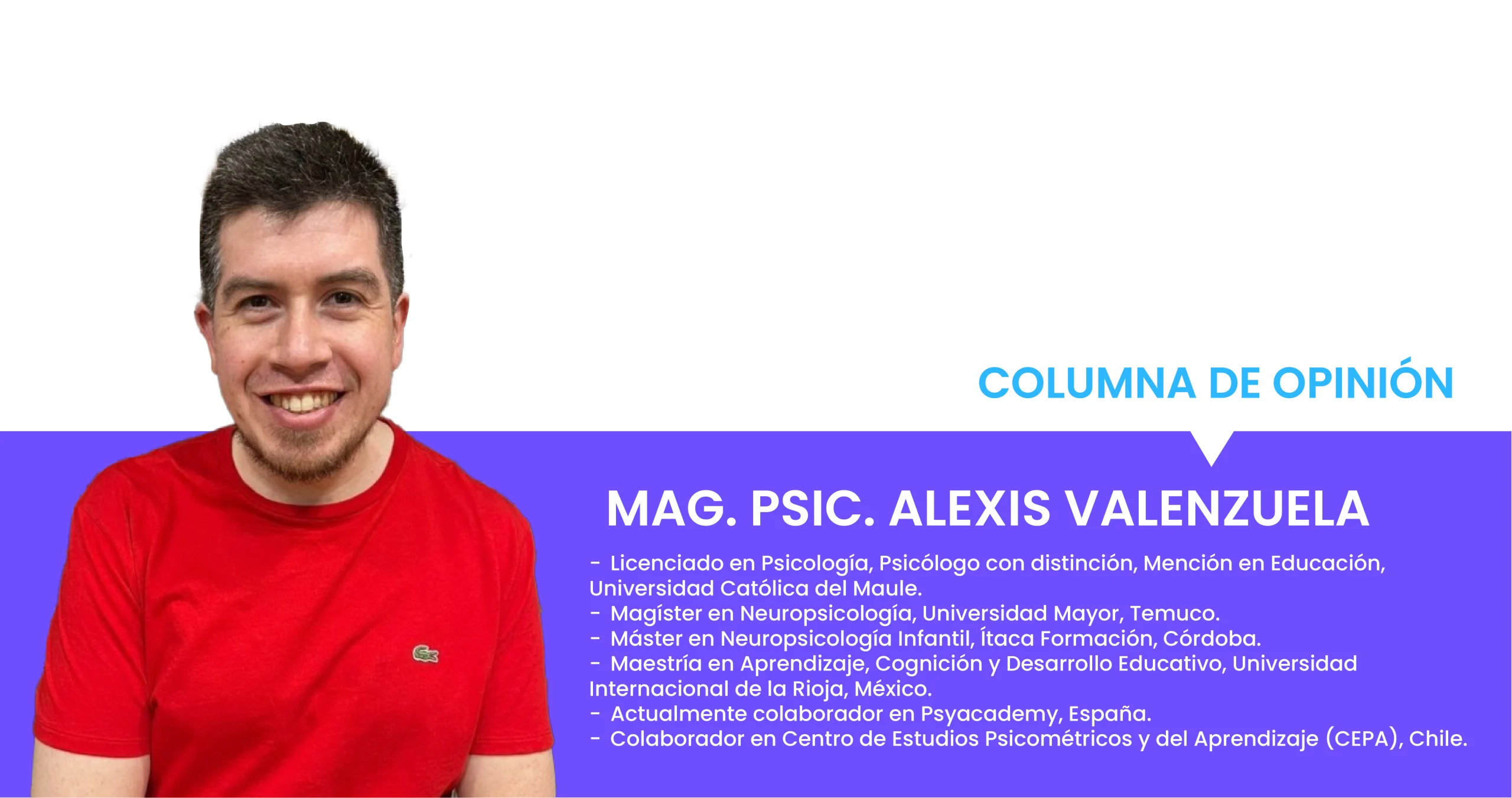 Psic&oacute;logo sonriente junto a recuadro que presenta su formaci&oacute;n acad&eacute;mica y experiencia en psicolog&iacute;a