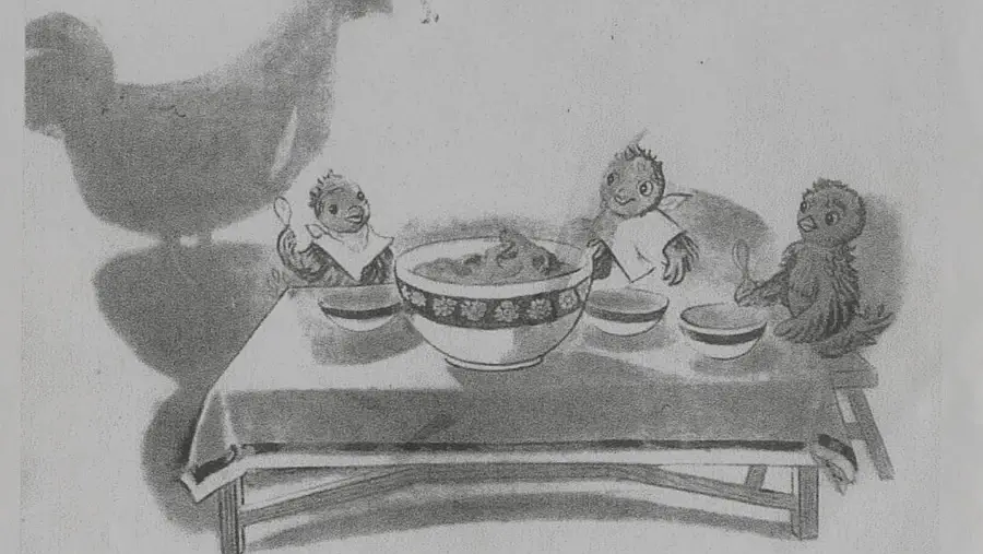 L&aacute;mina 1 Descripci&oacute;n: pollitos sentados alrededor de una mesa con comida; al fondo, una figura de una gallina.