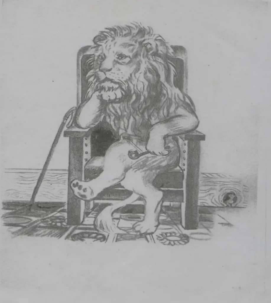 L&aacute;mina 3 Descripci&oacute;n: le&oacute;n sentado en un sill&oacute;n con pipa y bast&oacute;n.