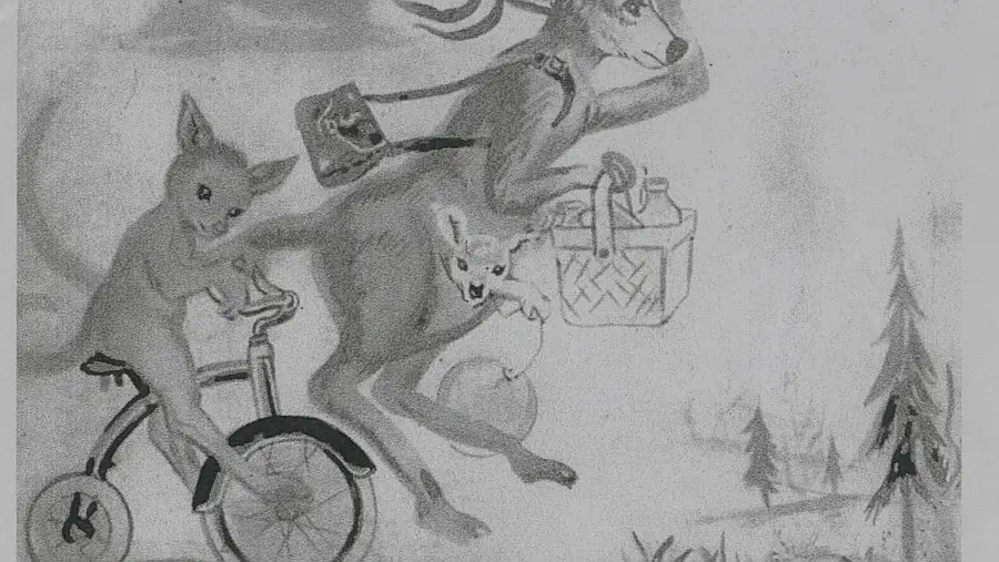 L&aacute;mina 4 Descripci&oacute;n: Canguro con sombrero y botella de leche, un canguro peque&ntilde;o en su bolsa con un globo y otro mayor en bicicleta.