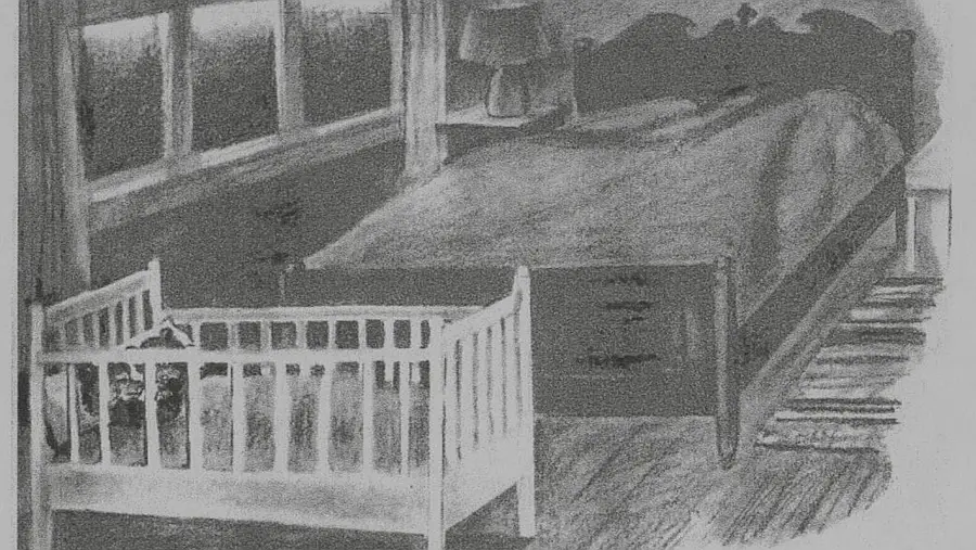 L&aacute;mina 5 Descripci&oacute;n: Habitaci&oacute;n oscura con una cama y una cuna; en la cama duermen dos ositos.