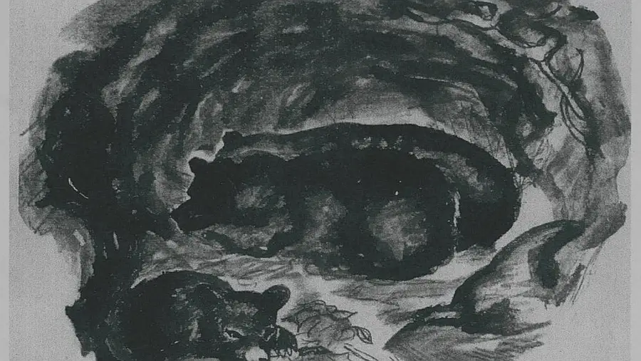 L&aacute;mina 6 Descripci&oacute;n: Cueva oscura con dos osos al fondo; un osito est&aacute; acostado en primer plano, fuera de la cueva.