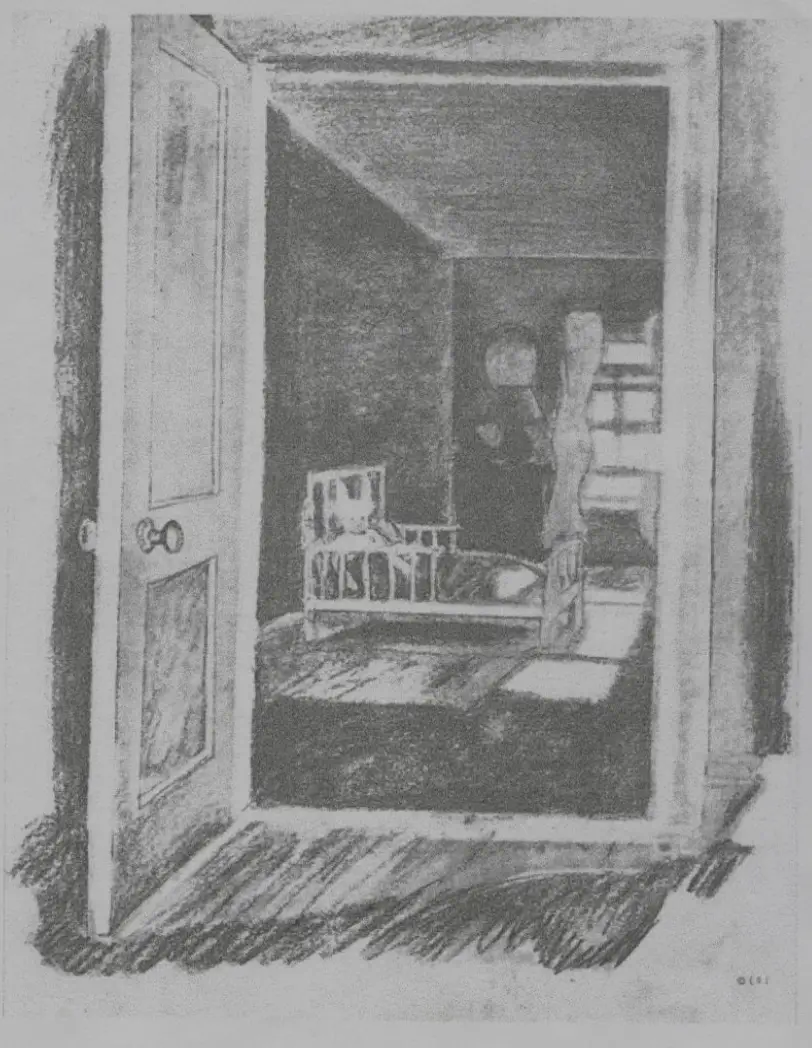 L&aacute;mina 9 Descripci&oacute;n: Cuarto oscuro visto desde una puerta entreabierta; un conejo est&aacute; sentado en una camita dentro del cuarto.