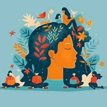 Ilustración de persona meditando rodeada de plantas, flores y personas practicando mindfulness en colores cálidos.